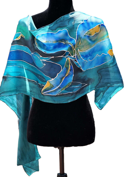 SCARF, HAND PAINTED ON SILK - Blue Iris - Ella Dabek Art