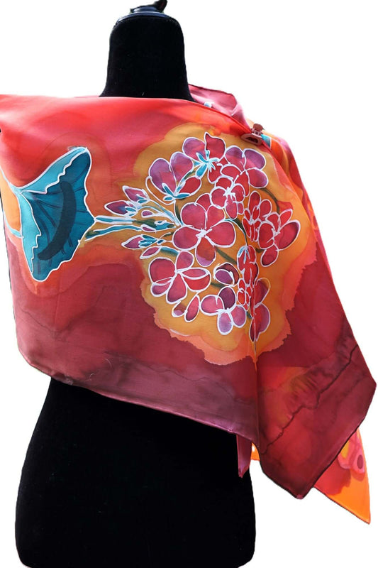 SCARF, HAND PAINTED ON SILK - Red Geranium - Ella Dabek Art