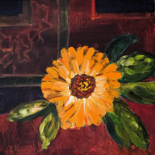 Zinnia Original Painting – Abstract Oil Artwork by Ella Dabek